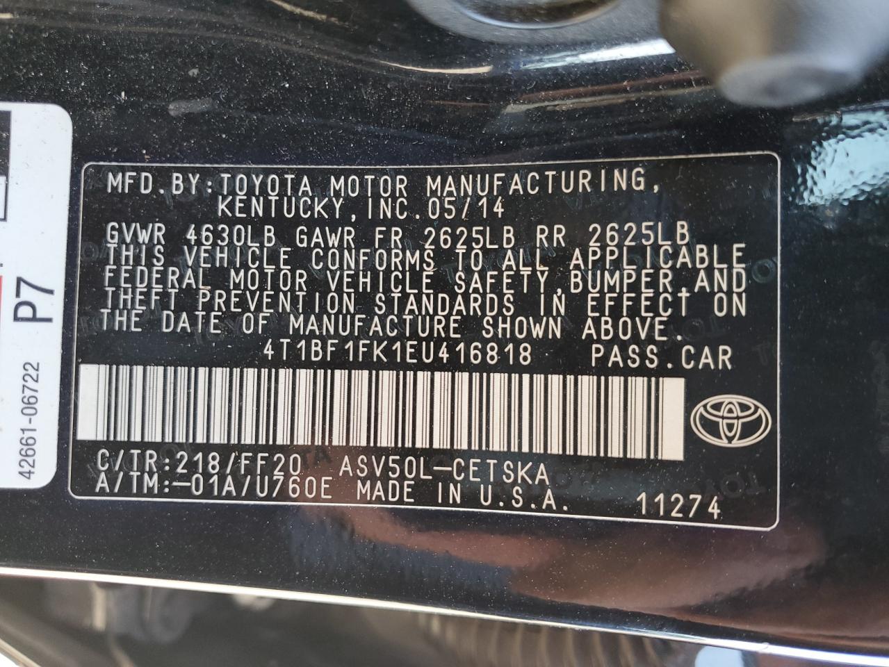 2014 Toyota Camry L VIN: 4T1BF1FK1EU416818 Lot: 84701485