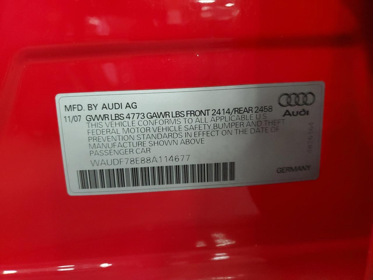 2008 Audi A4 2.0T Quattro VIN: WAUDF78E88A114677 Lot: 82451985