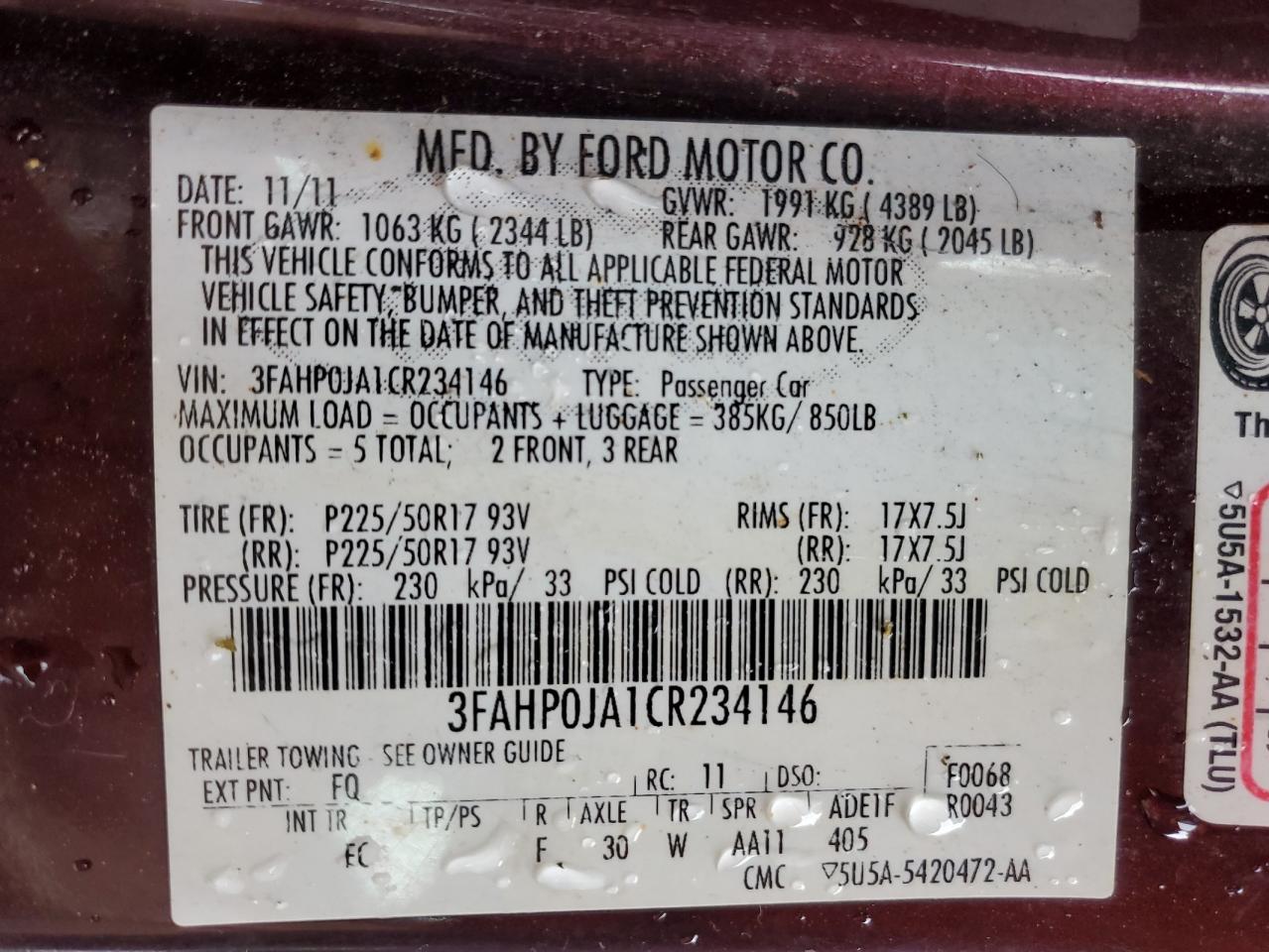 2012 Ford Fusion Sel VIN: 3FAHP0JA1CR234146 Lot: 85755605