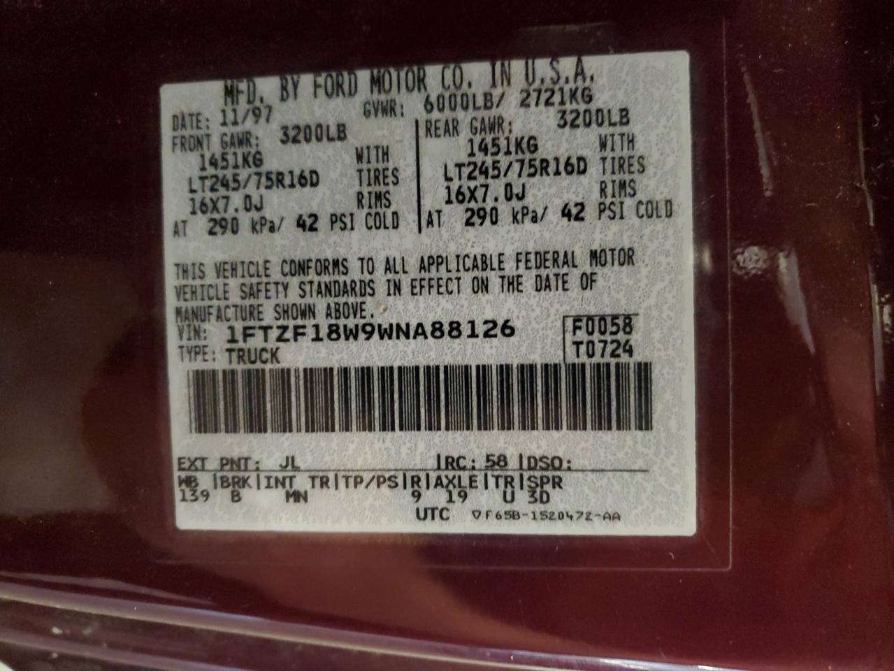 1998 Ford F150 VIN: 1FTZF18W9WNA88126 Lot: 84074445