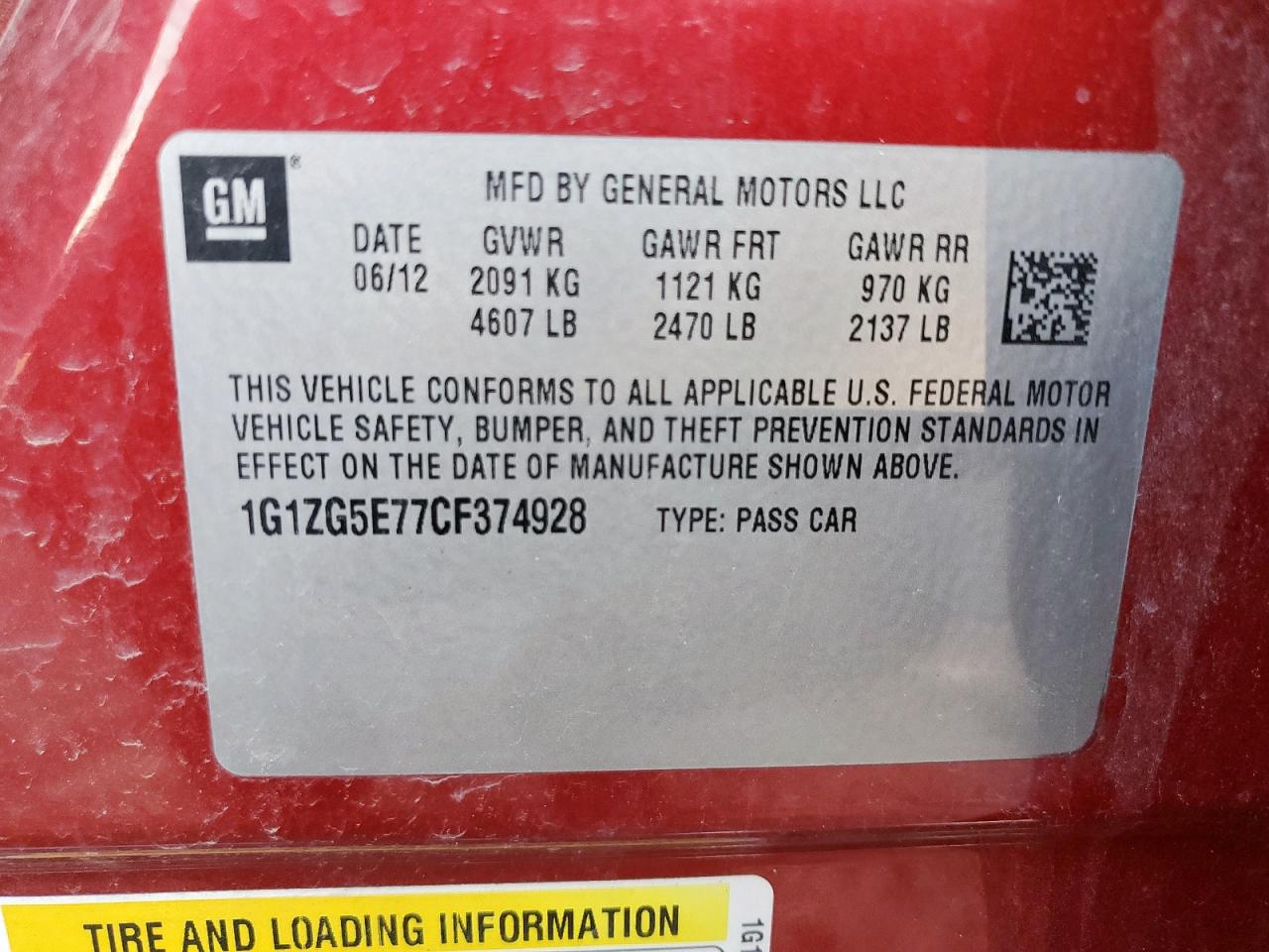 2012 Chevrolet Malibu Ltz VIN: 1G1ZG5E77CF374928 Lot: 86644275