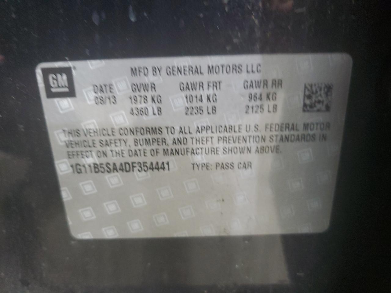 2013 Chevrolet Malibu Ls VIN: 1G11B5SA4DF354441 Lot: 90054715