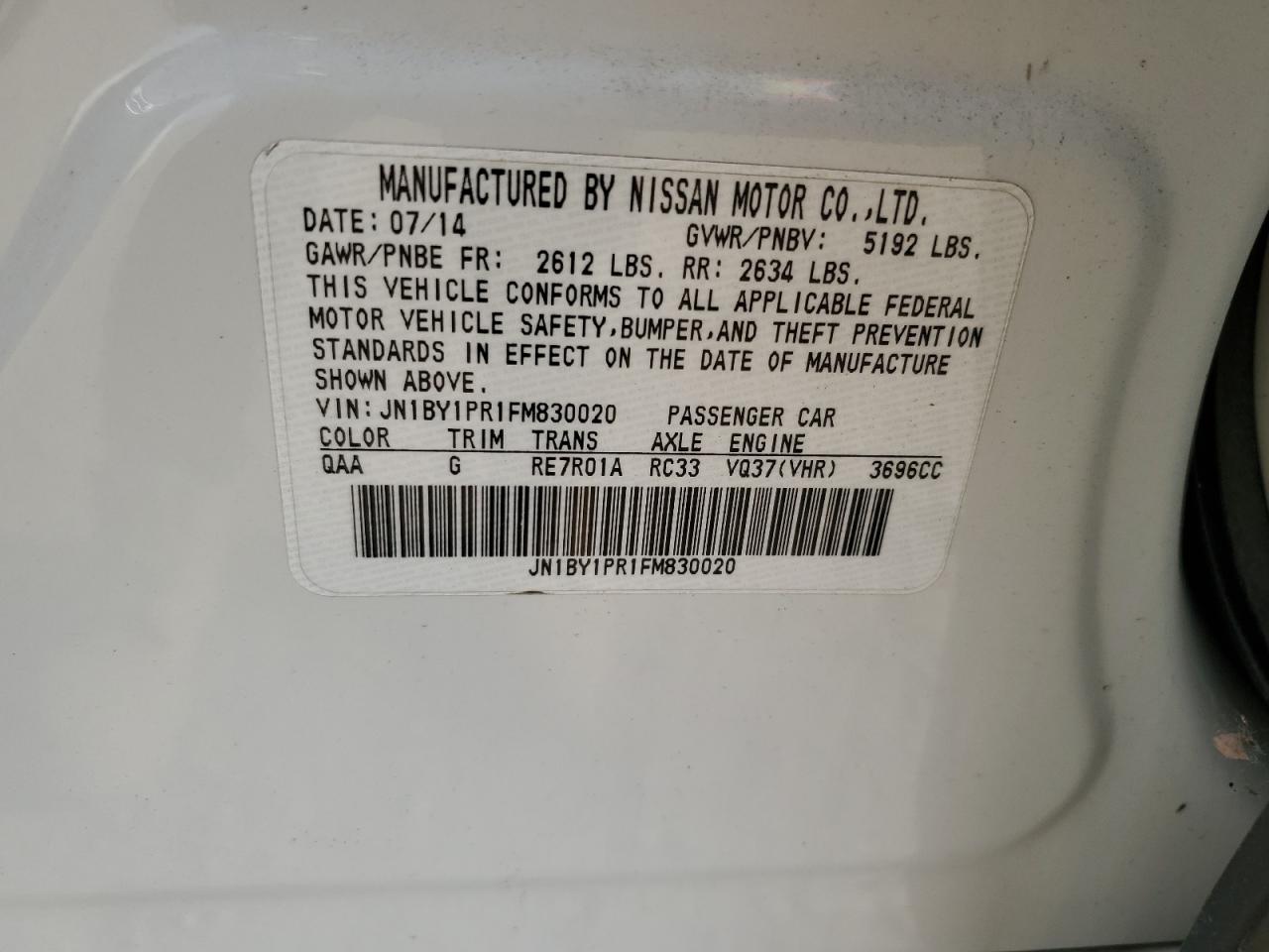 2015 Infiniti Q70L 3.7 VIN: JN1BY1PR1FM830020 Lot: 84638125