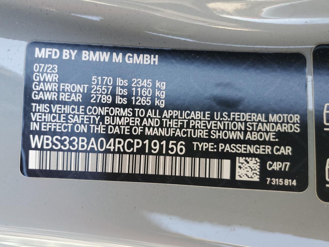 2024 BMW M4 Competition VIN: WBS33BA04RCP19156 Lot: 84595625