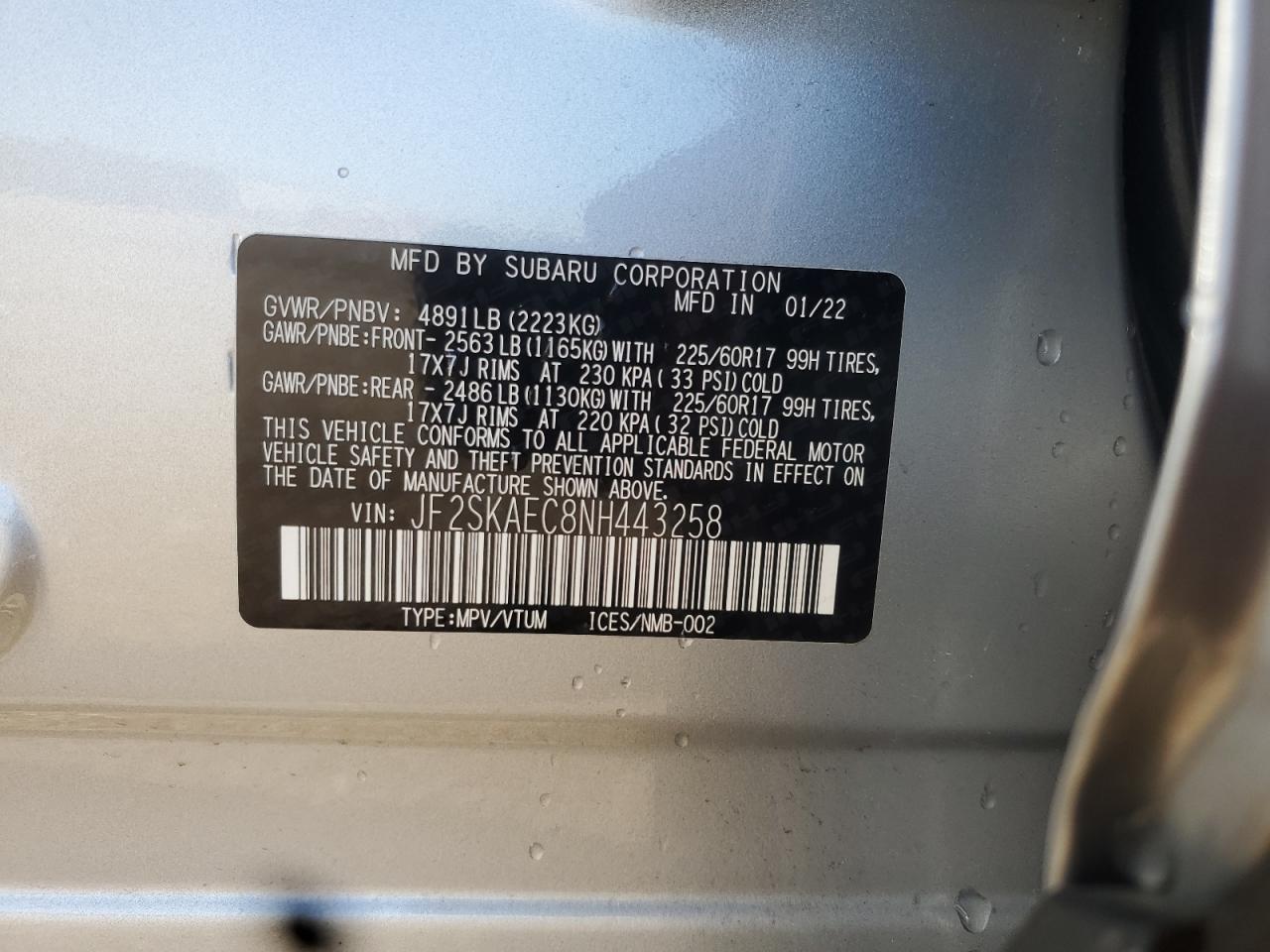 2022 Subaru Forester Premium VIN: JF2SKAEC8NH443258 Lot: 85702895