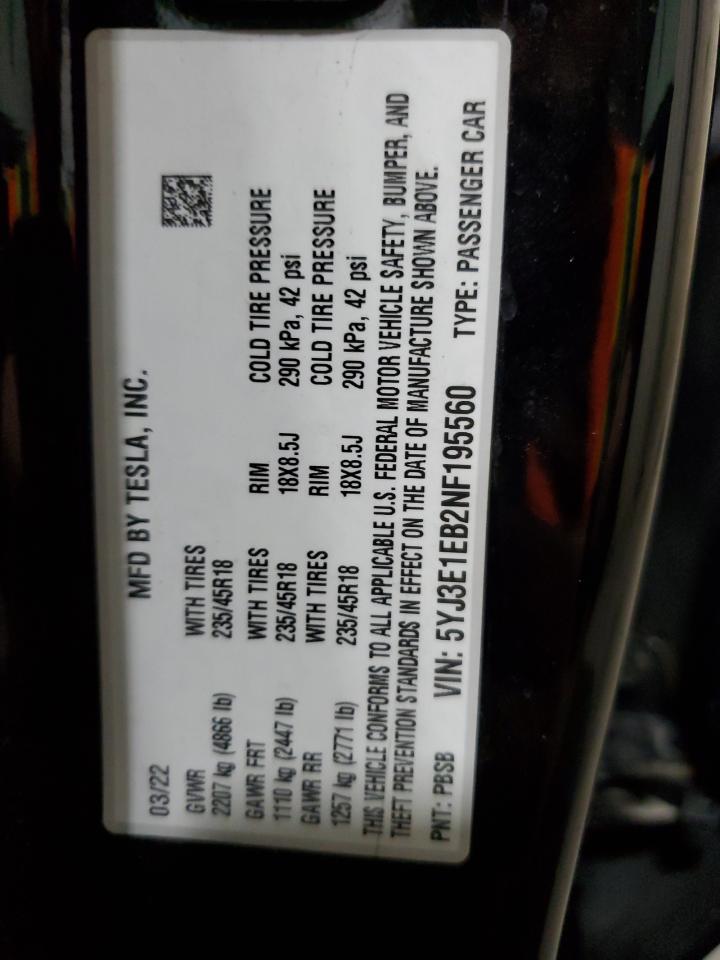 2022 Tesla Model 3 VIN: 5YJ3E1EB2NF195560 Lot: 85266635