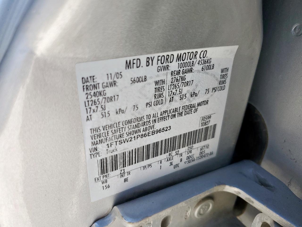 2006 Ford F250 Super Duty VIN: 1FTSW21P86EB96523 Lot: 86317865