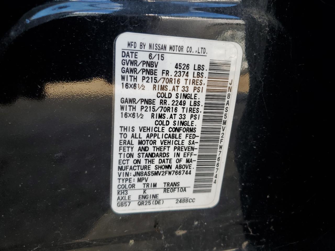 2015 Nissan Rogue Select S VIN: JN8AS5MV2FW766744 Lot: 81923745