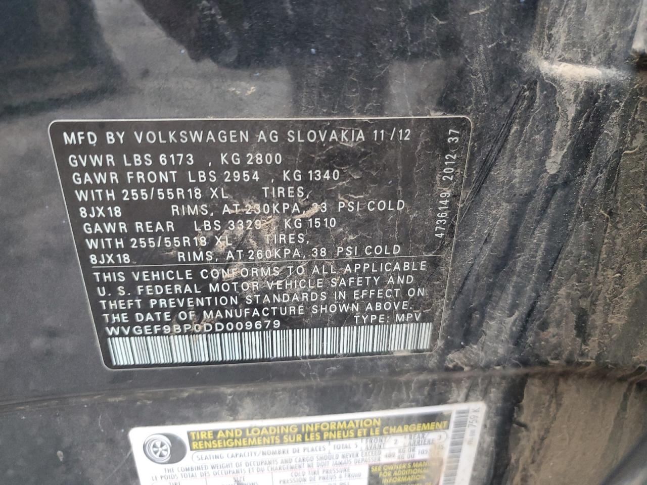 2013 Volkswagen Touareg V6 VIN: WVGEF9BP0DD009679 Lot: 89855135