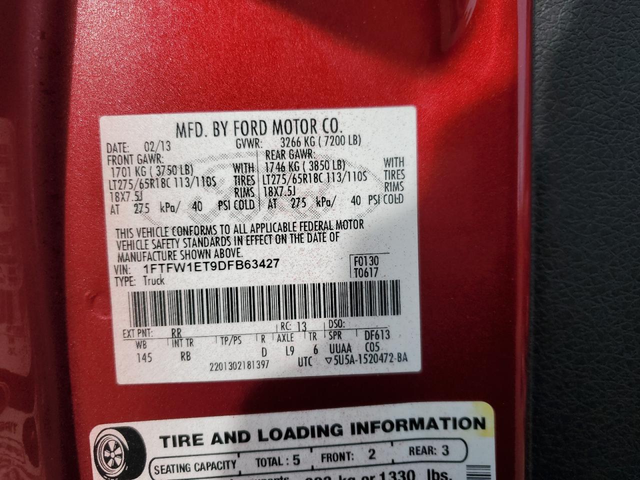 2013 Ford F150 Supercrew VIN: 1FTFW1ET9DFB63427 Lot: 90259565