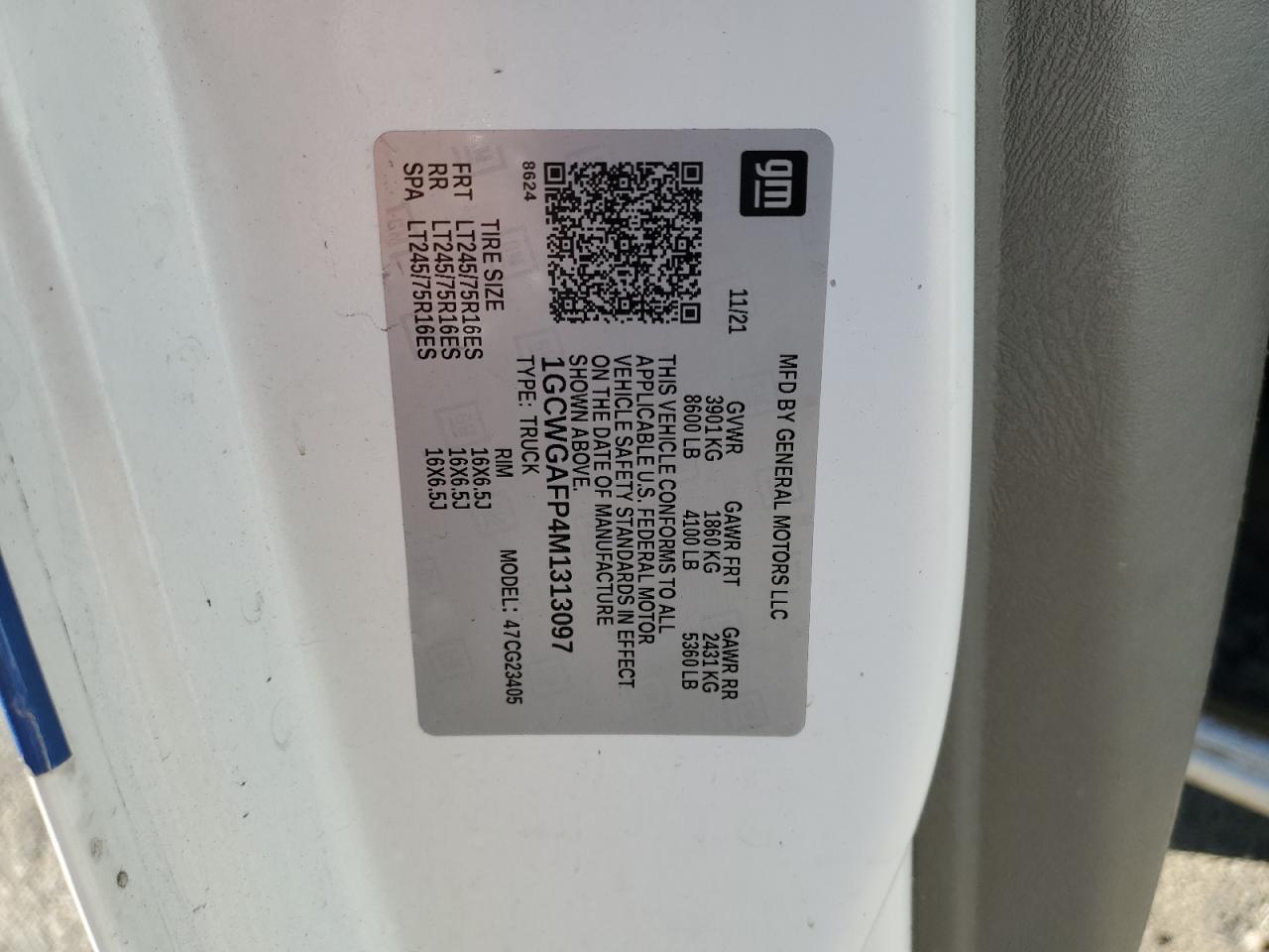 2021 Chevrolet Express G2500 VIN: 1GCWGAFP4M1313097 Lot: 90469575