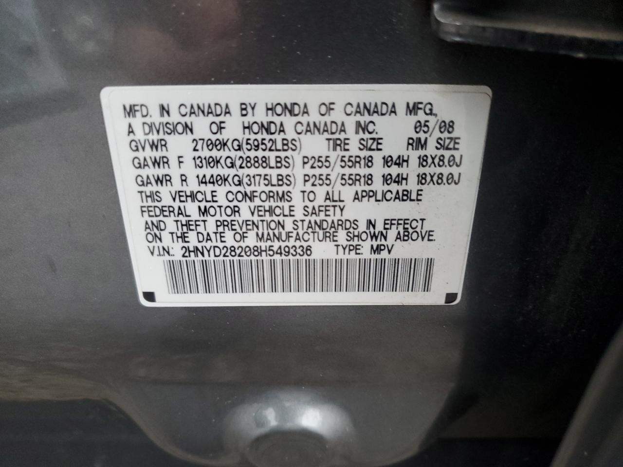 2008 Acura Mdx VIN: 2HNYD28208H549336 Lot: 85836745