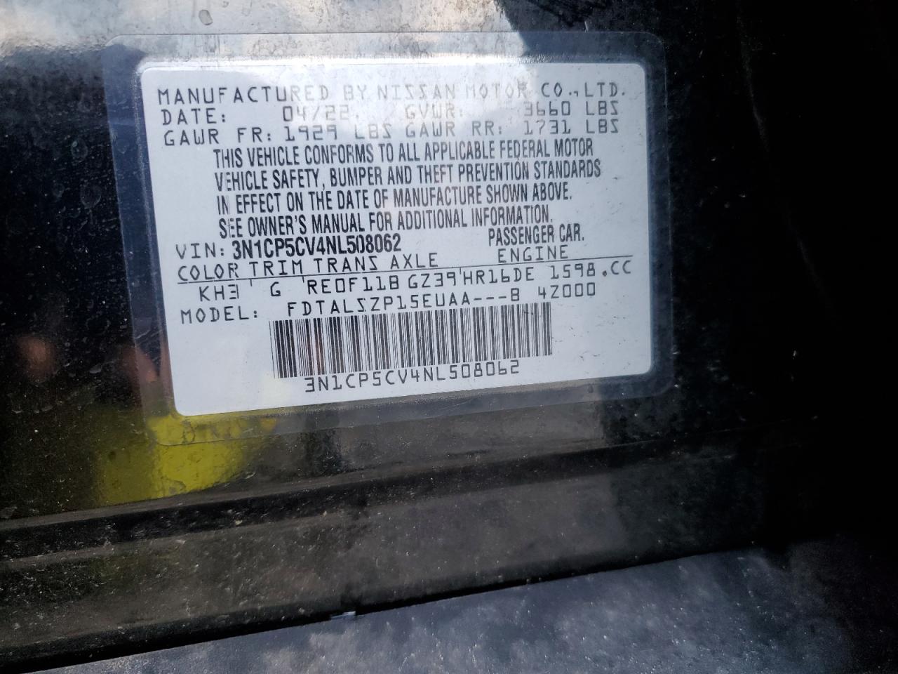 2022 Nissan Kicks Sv VIN: 3N1CP5CV4NL508062 Lot: 85385725