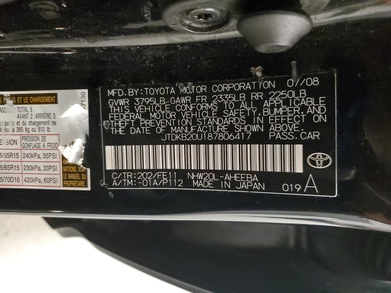 2008 Toyota Prius VIN: JTDKB20U187806417 Lot: 80823635