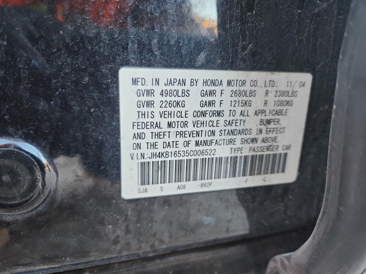 2005 Acura Rl VIN: JH4KB16535C006522 Lot: 86596515