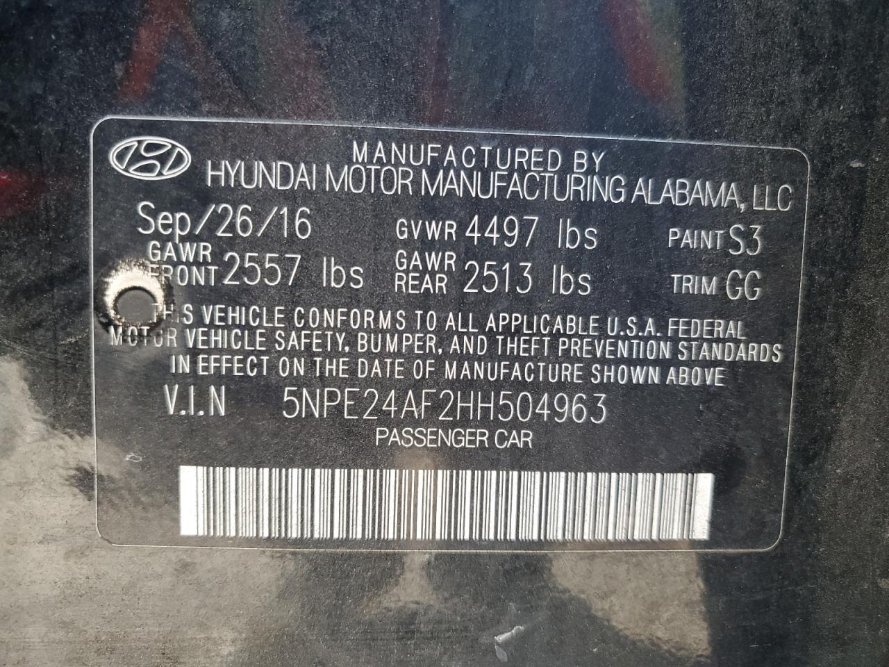 2017 Hyundai Sonata Se VIN: 5NPE24AF2HH504963 Lot: 86279385