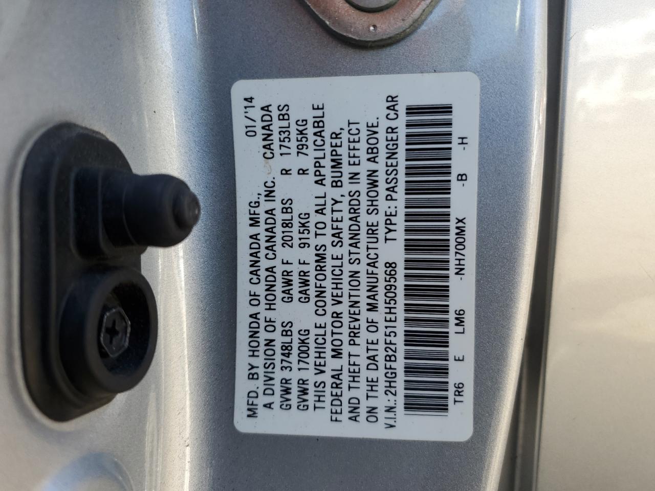 2014 Honda Civic Lx VIN: 2HGFB2F51EH509568 Lot: 86162905