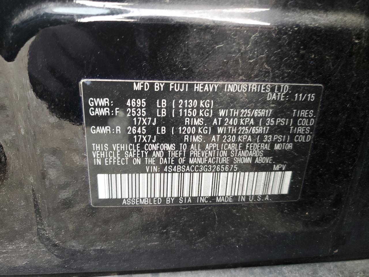 2016 Subaru Outback 2.5I Premium VIN: 4S4BSACC3G3265675 Lot: 86251255