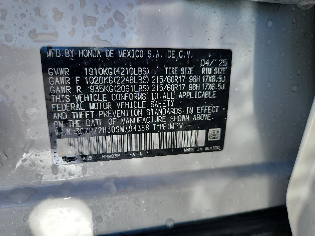 2025 Honda Hr-V Lx VIN: 3CZRZ2H30SM794368 Lot: 82101365