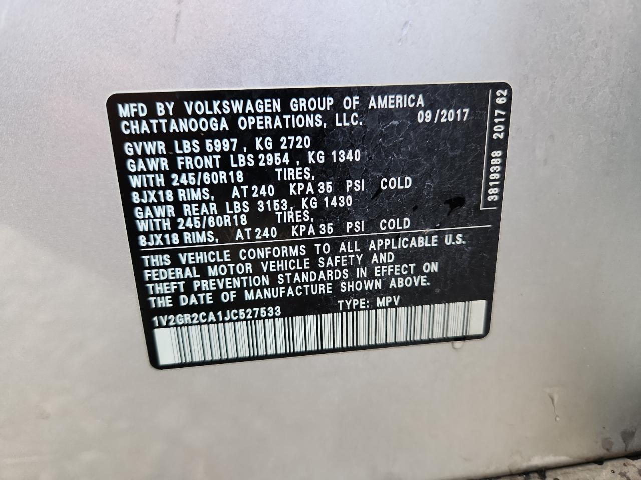 2018 Volkswagen Atlas S VIN: 1V2GR2CA1JC527533 Lot: 85124245