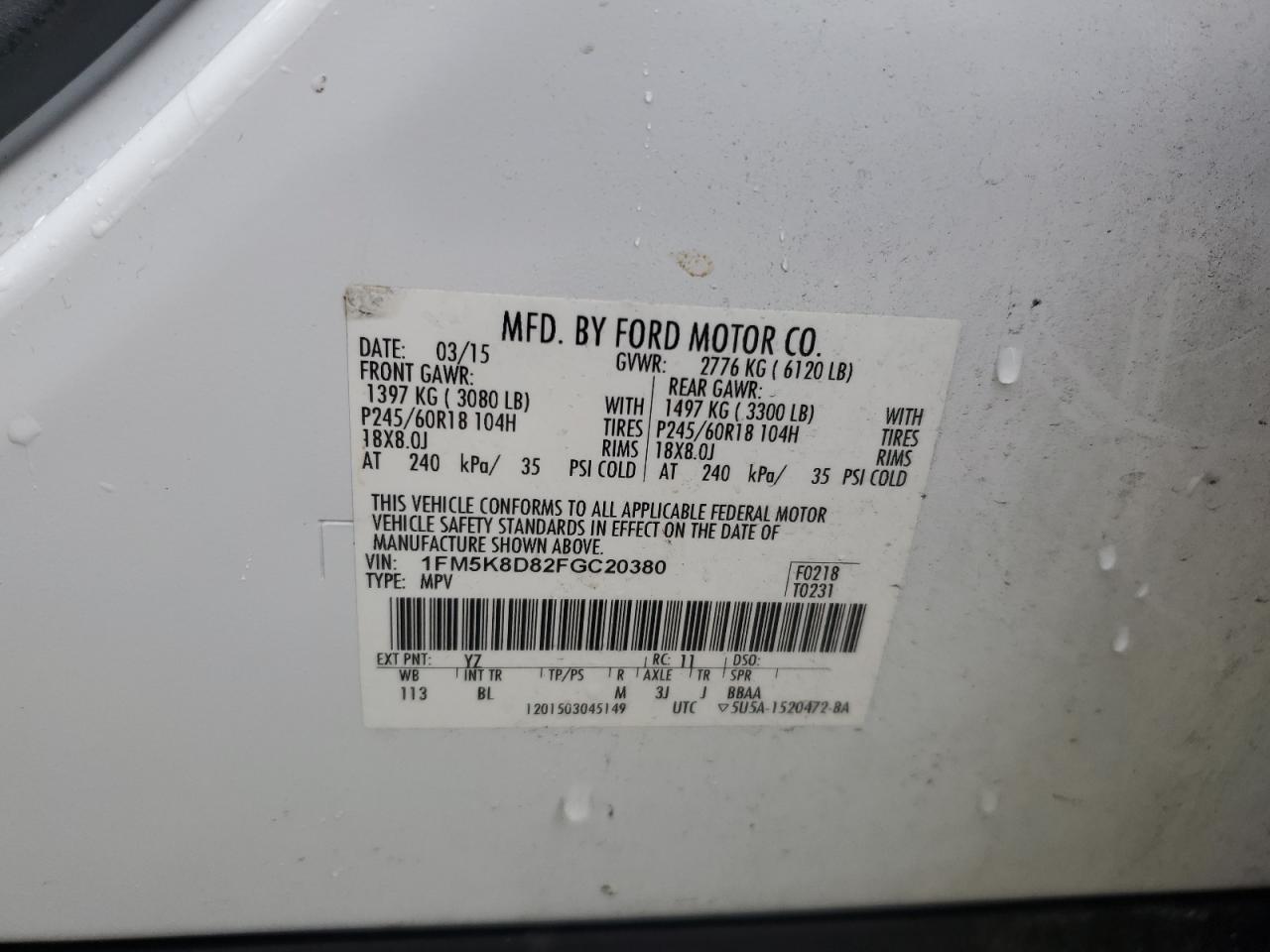 2015 Ford Explorer Xlt VIN: 1FM5K8D82FGC20380 Lot: 85665855