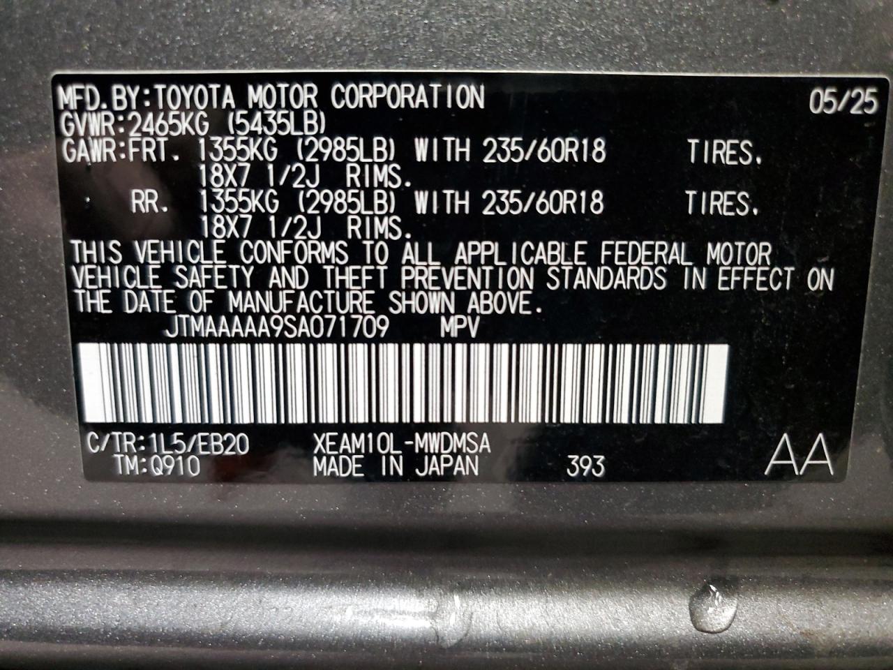 2025 Toyota Bz4X Xle VIN: JTMAAAAA9SA071709 Lot: 90793565