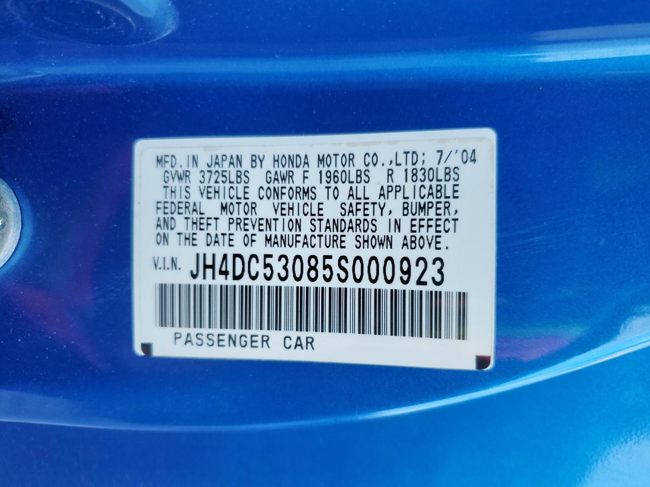 2005 Acura Rsx Type-S VIN: JH4DC53085S000923 Lot: 84915695