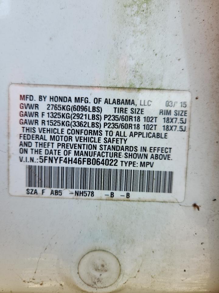 2015 Honda Pilot Ex VIN: 5FNYF4H46FB064022 Lot: 84070755