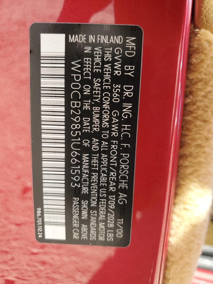 2001 Porsche Boxster S VIN: WP0CB29851U661593 Lot: 81915395