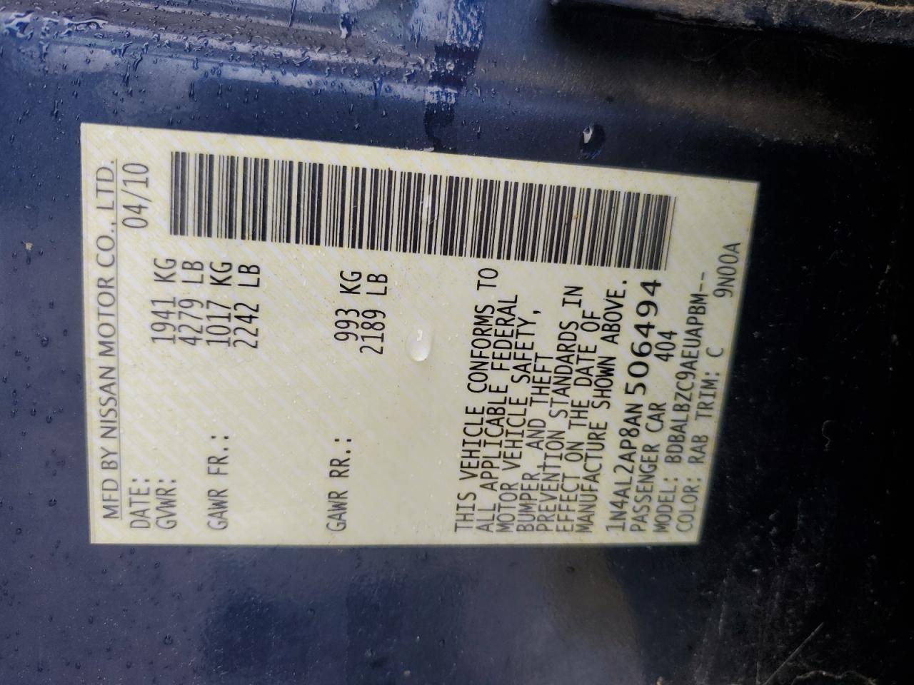 2010 Nissan Altima Base VIN: 1N4AL2AP8AN506494 Lot: 90619375