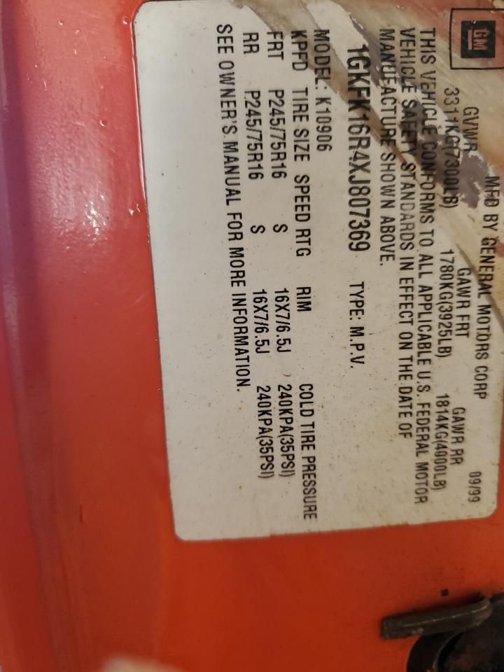 1999 GMC Suburban K1500 VIN: 1GKFK16R4XJ807369 Lot: 85537825