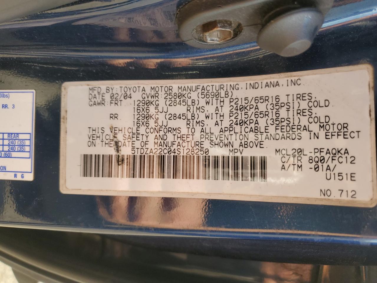 2004 Toyota Sienna Xle VIN: 5TDZA22C04S128250 Lot: 85152845