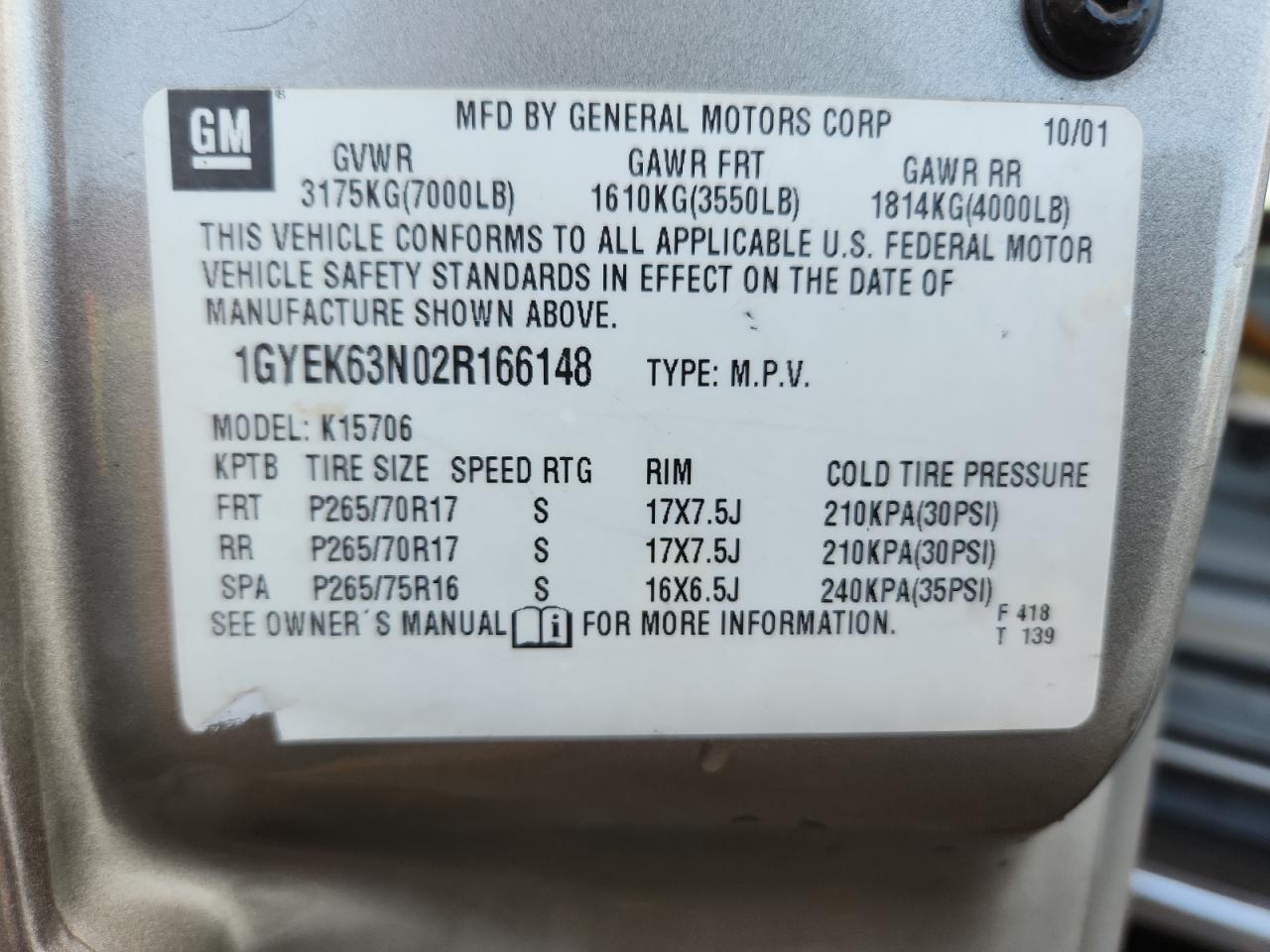 2002 Cadillac Escalade Luxury VIN: 1GYEK63N02R166148 Lot: 90056235