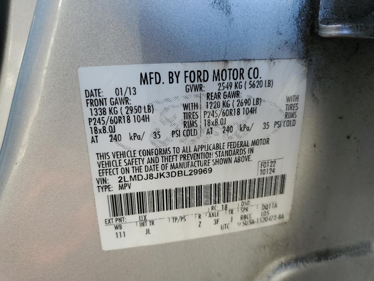 2013 Lincoln Mkx VIN: 2LMDJ8JK3DBL29969 Lot: 85595315