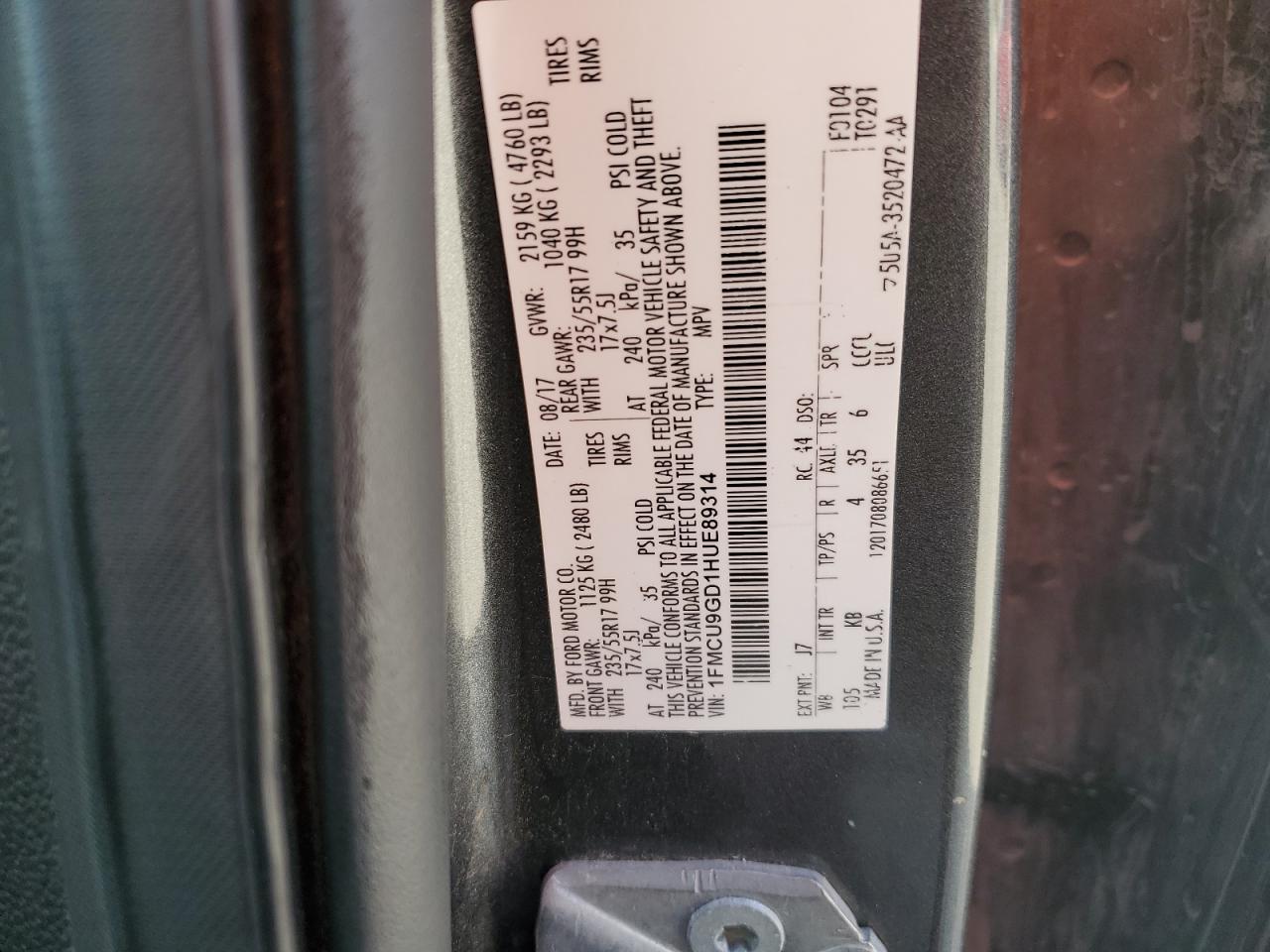 2017 Ford Escape Se VIN: 1FMCU9GD1HUE89314 Lot: 86889965