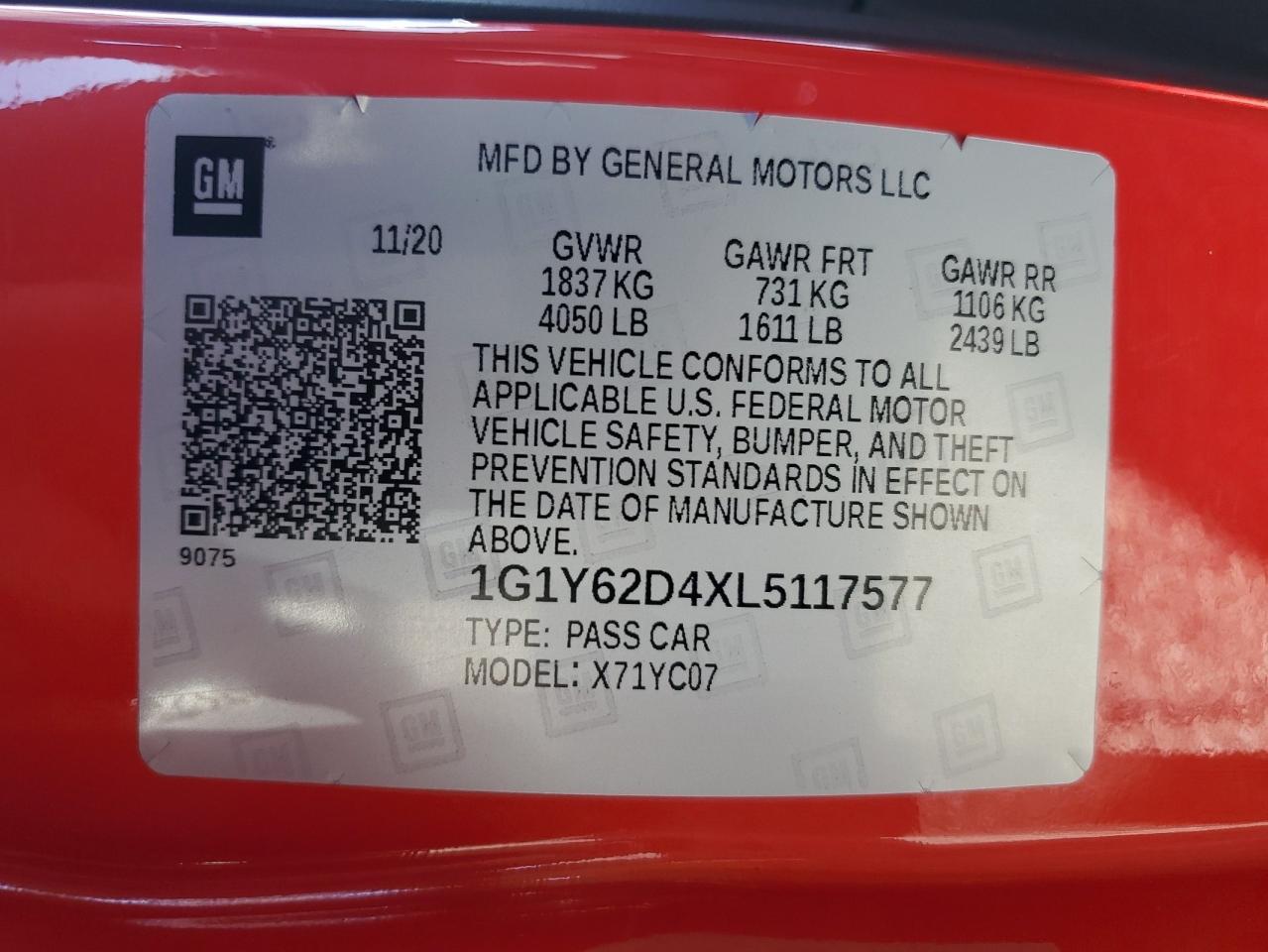 2020 Chevrolet Corvette Stingray 1Lt VIN: 1G1Y62D4XL5117577 Lot: 85410465