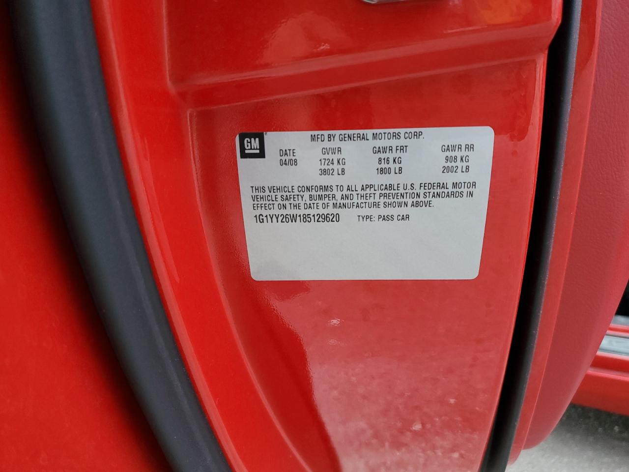 2008 Chevrolet Corvette VIN: 1G1YY26W185129620 Lot: 82733975