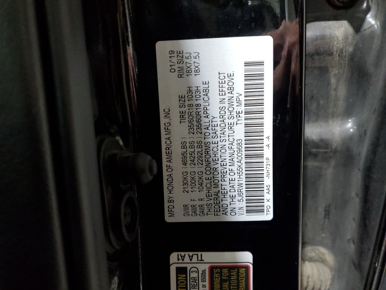 2019 Honda Cr-V Ex VIN: 5J6RW1H55KA009683 Lot: 90906575