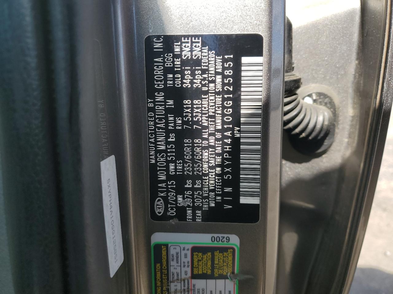 2016 Kia Sorento Ex VIN: 5XYPH4A10GG125851 Lot: 82376405