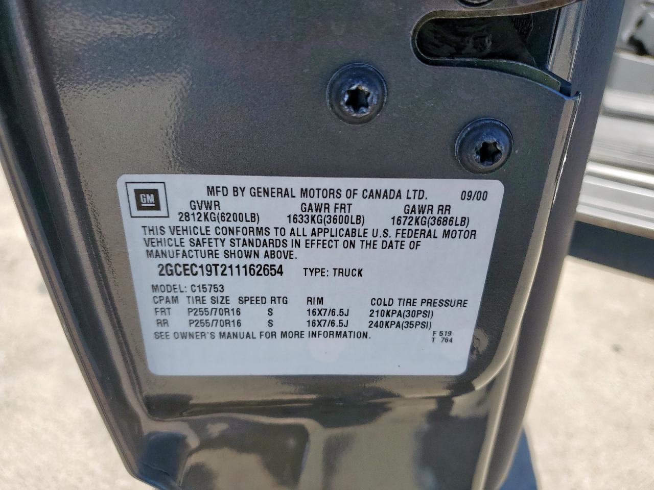 2001 Chevrolet Silverado C1500 VIN: 2GCEC19T211162654 Lot: 82385785