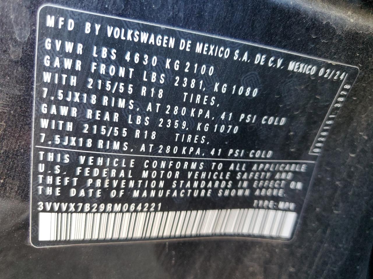 2024 Volkswagen Taos Se VIN: 3VVVX7B29RM064221 Lot: 81936975