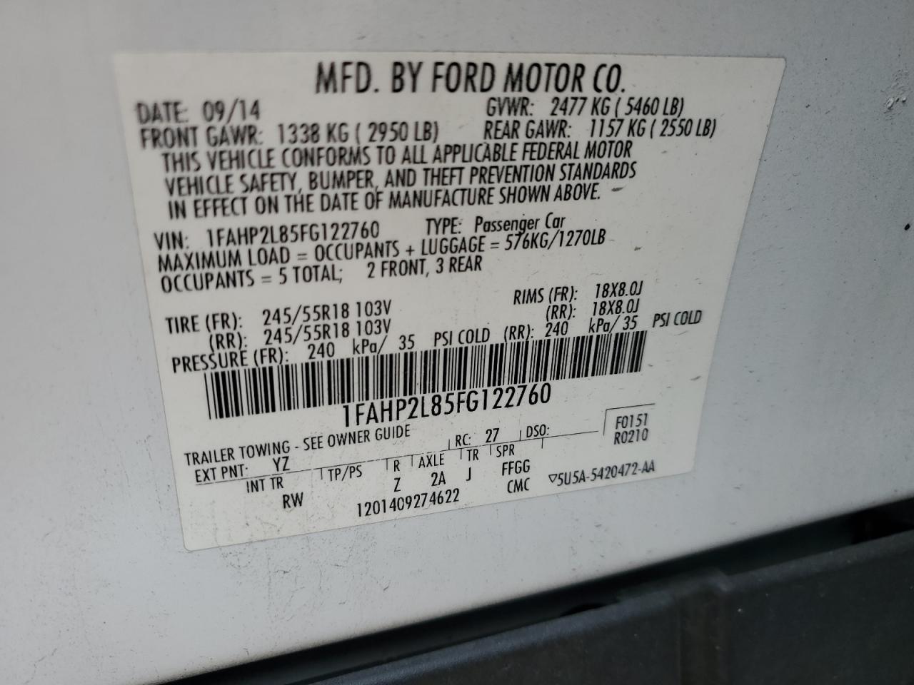 2015 Ford Taurus Police Interceptor VIN: 1FAHP2L85FG122760 Lot: 86646385