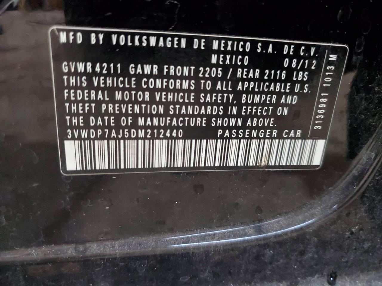 2013 Volkswagen Jetta Se VIN: 3VWDP7AJ5DM212440 Lot: 85090145