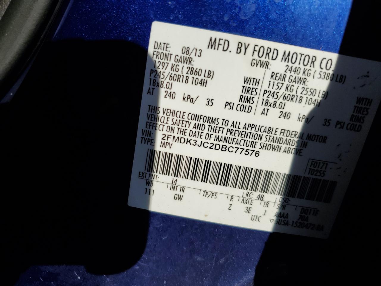 2013 Ford Edge Sel VIN: 2FMDK3JC2DBC77576 Lot: 82502385