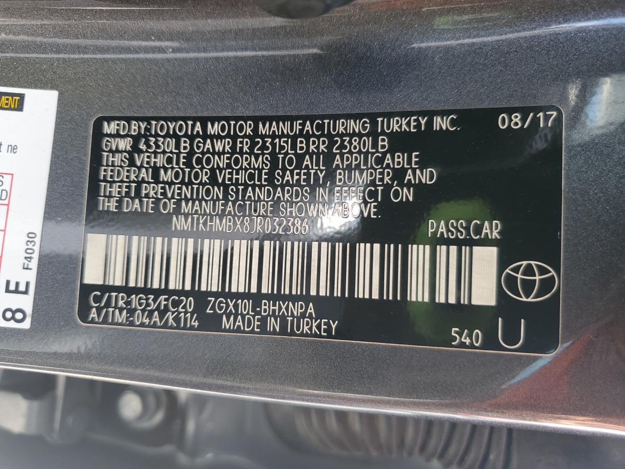 2018 Toyota C-Hr Xle VIN: NMTKHMBX8JR032386 Lot: 86293255