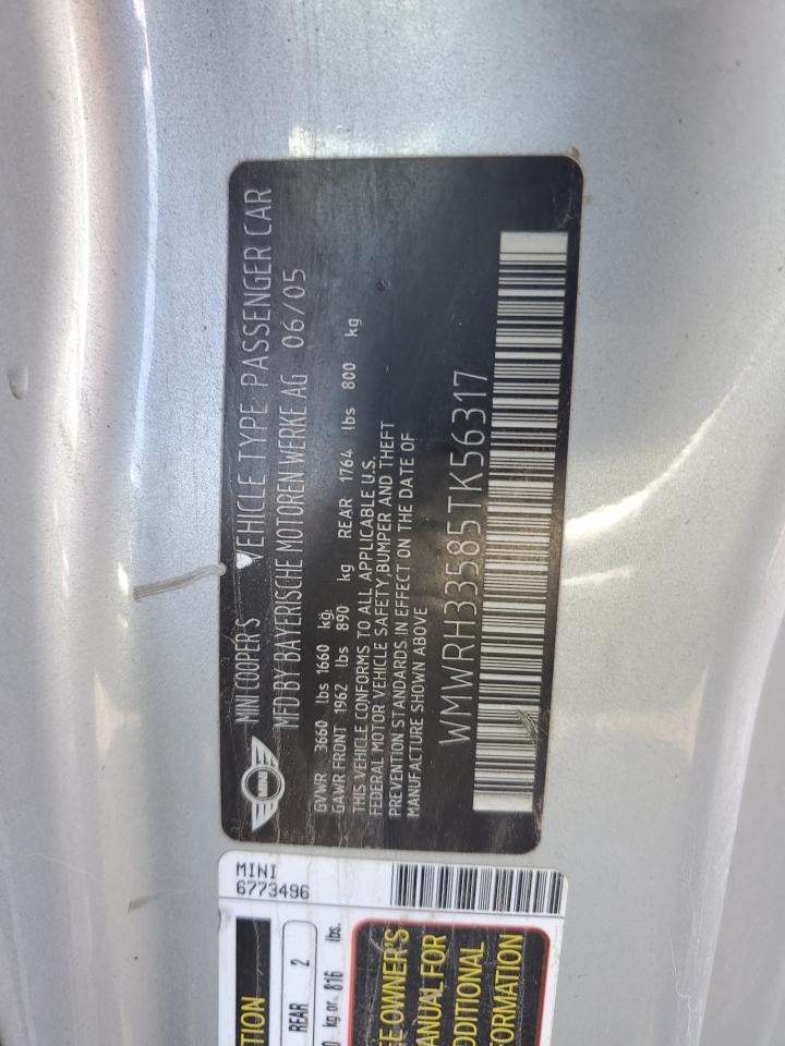 2005 Mini Cooper S VIN: WMWRH33585TK56317 Lot: 84988075