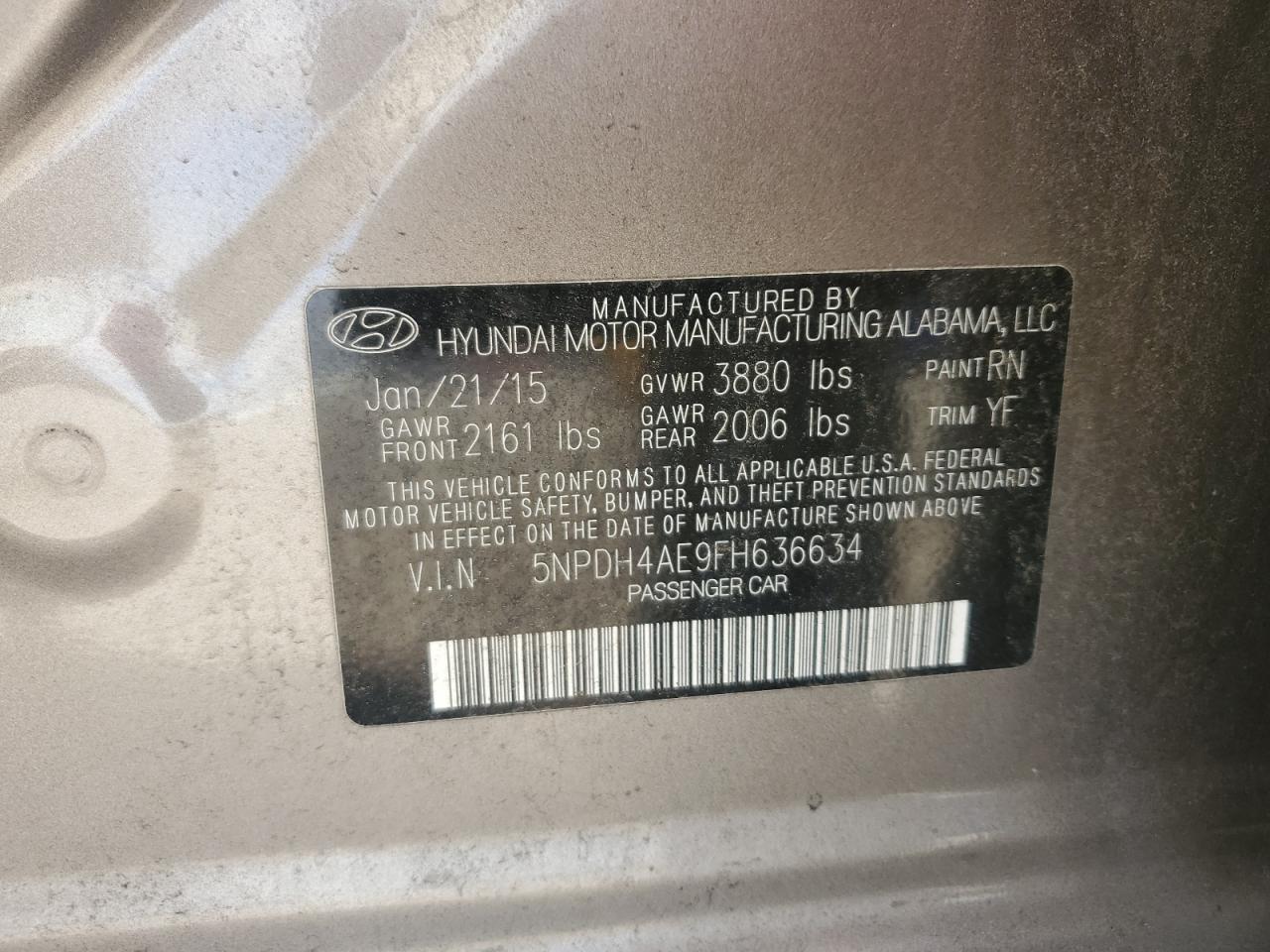 2015 Hyundai Elantra Se VIN: 5NPDH4AE9FH636634 Lot: 86116005