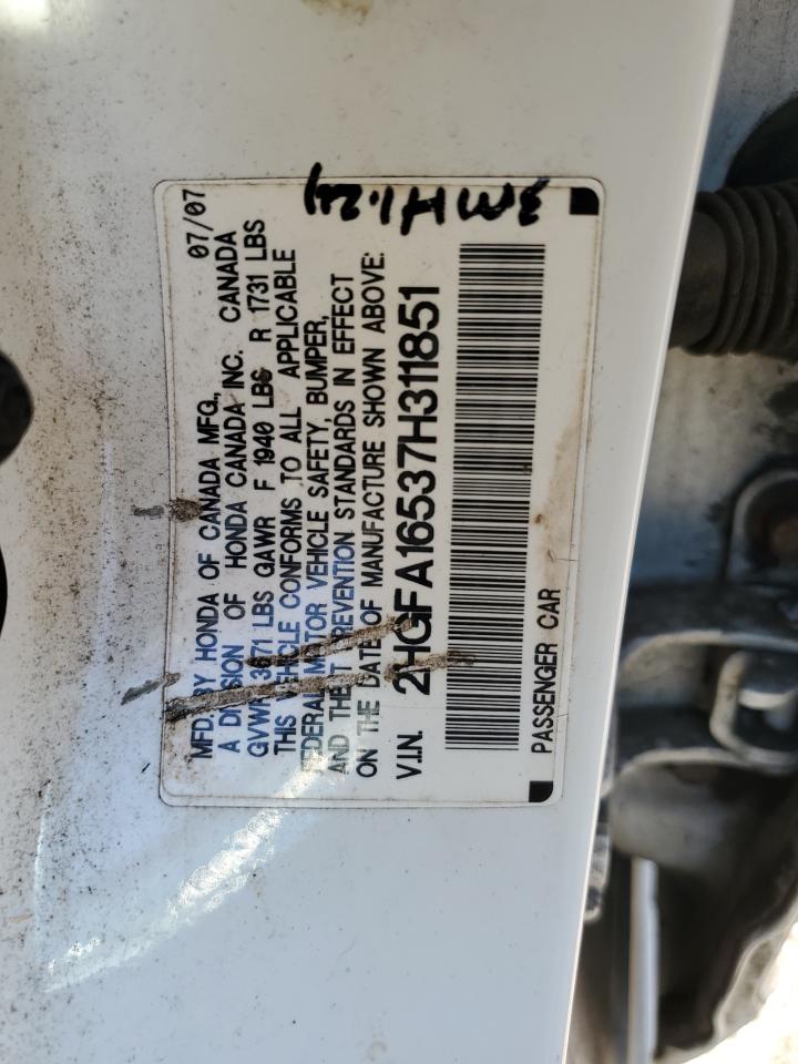 2007 Honda Civic Lx VIN: 2HGFA16537H311851 Lot: 84904105