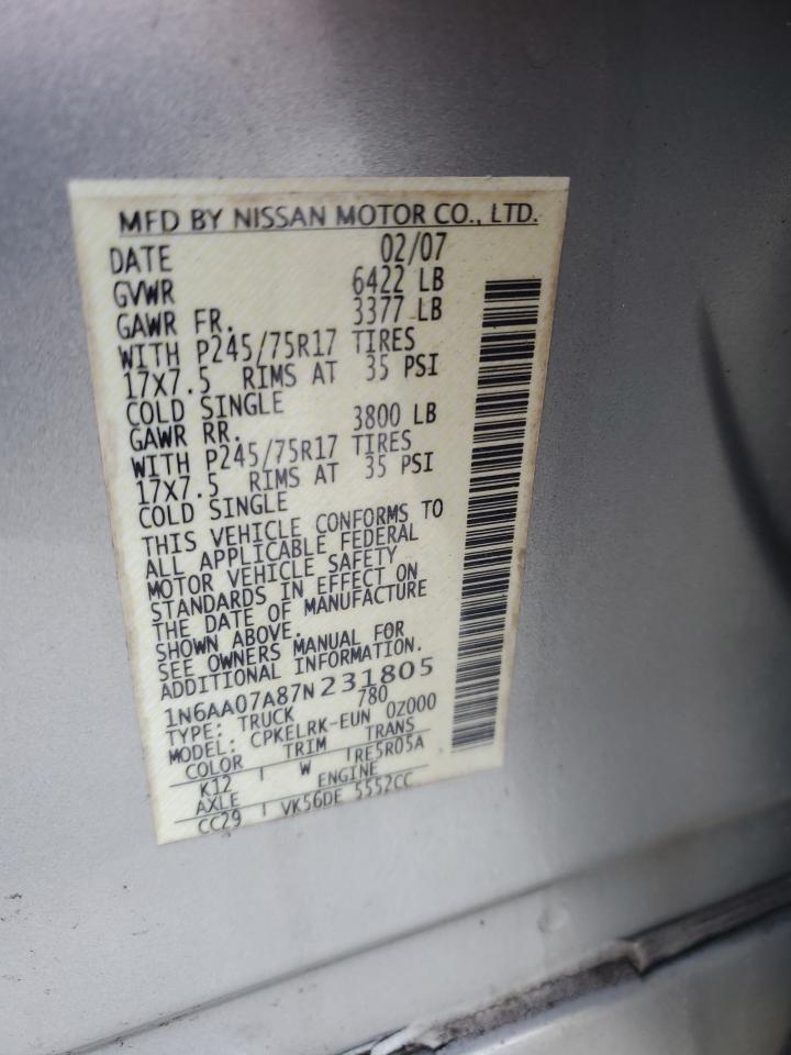 2007 Nissan Titan Xe VIN: 1N6AA07A87N231805 Lot: 87039775