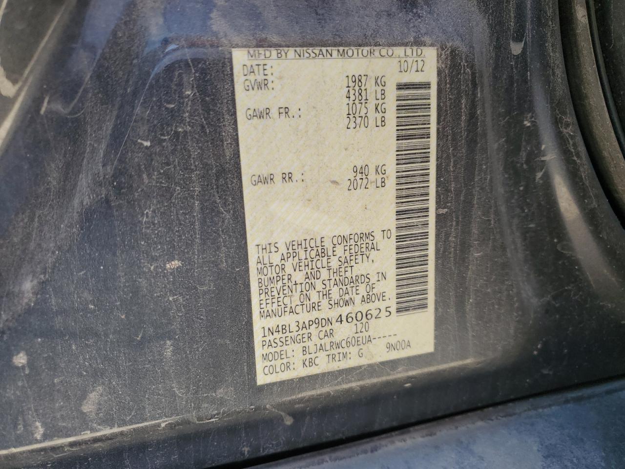 2013 Nissan Altima 3.5S VIN: 1N4BL3AP9DN460625 Lot: 89516605